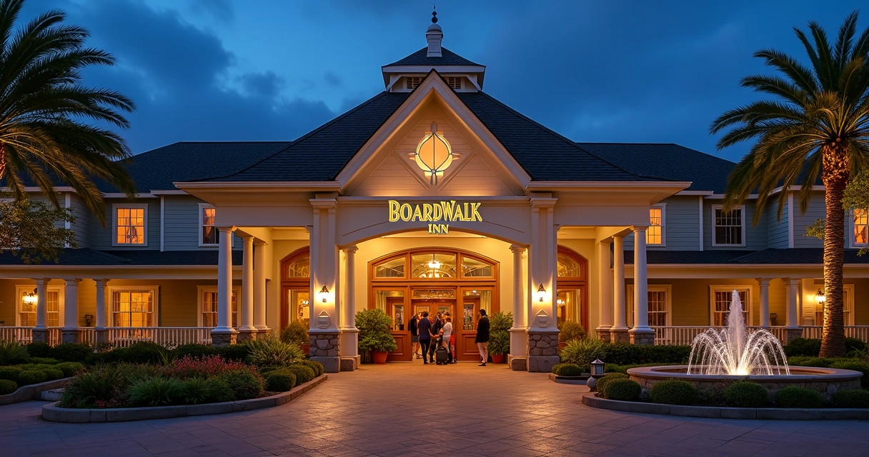 Entrada iluminada do Disney's BoardWalk Inn à noite 