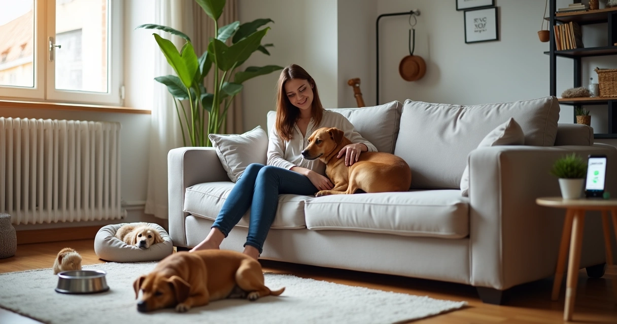 Cão relaxado em sala de estar familiar no Porto com cuidadora a fazer festinhas 