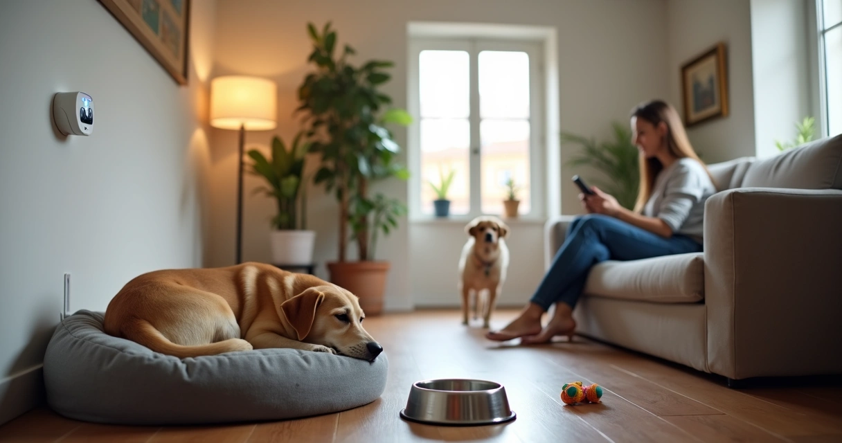 Cão a descansar em sala acolhedora com câmara de vigilância e petsitter ao fundo 