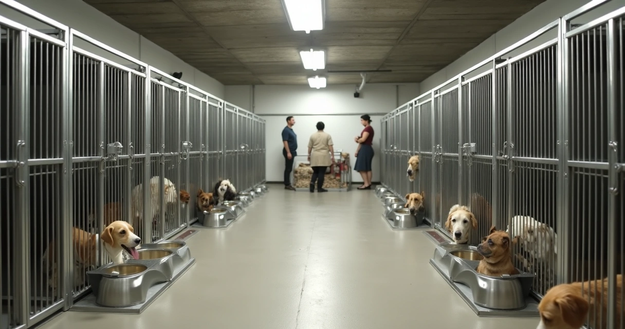 Área de um hotel tradicional para cães com múltiplos canis e cães em espaços separados. 