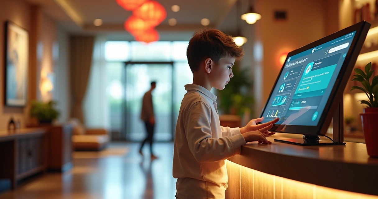 Pessoa interagindo por celular com assistente virtual IA em ambiente de hotel 