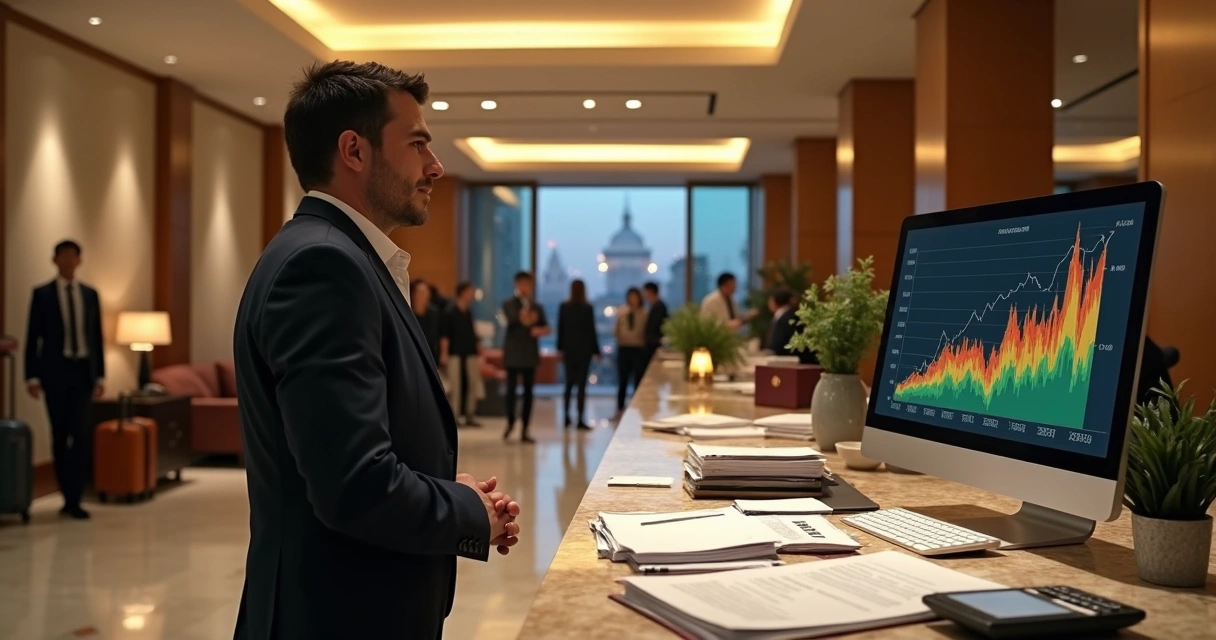 Recepção de hotel lotado com gestor preocupado olhando gráfico estagnado 