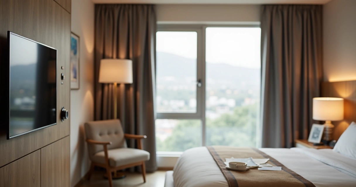 Quarto de hotel automatizado com camareira sorridente ao lado 