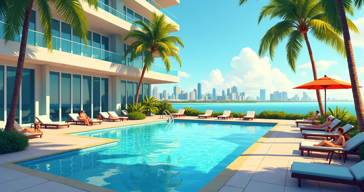 Hotel moderno com piscina cristalina e palmeiras 