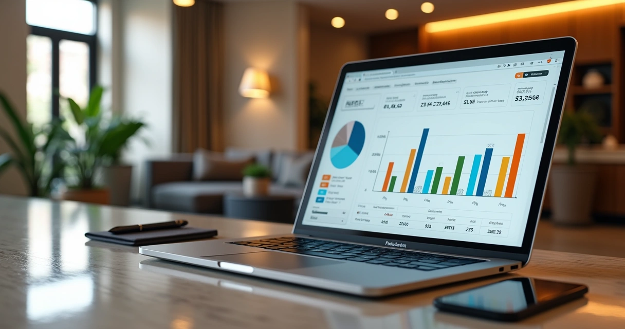 Computador com dashboard de precificação dinâmica para hotel em ambiente de recepção 