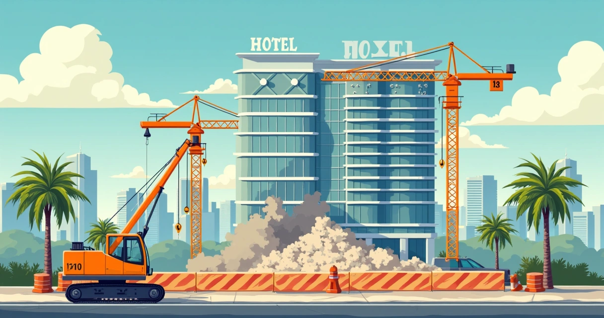 Demolição de hotel de luxo em Miami com guindastes e tapumes 