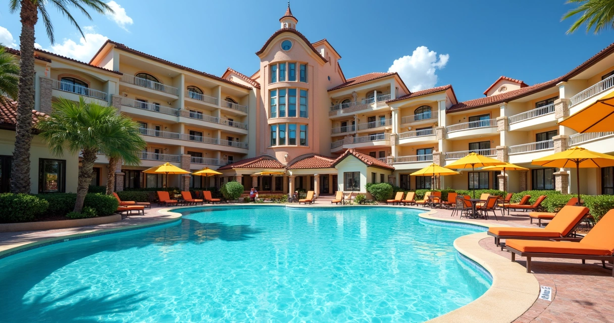 Fachada de hotel Disney econômico colorido com personagens icônicos 