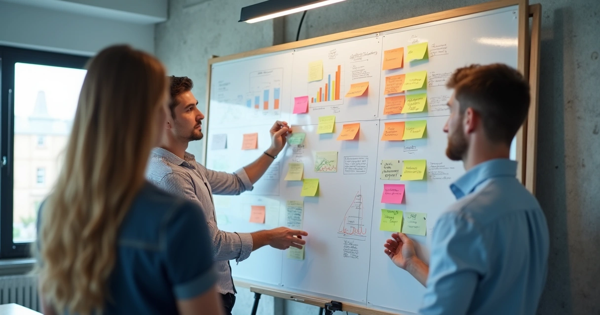 Equipe de hotel analisando feedbacks de clientes em parede de post-its 