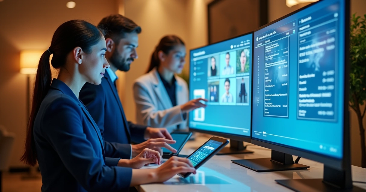 Equipe de hotel usando software com telas exibindo dados de hóspedes 
