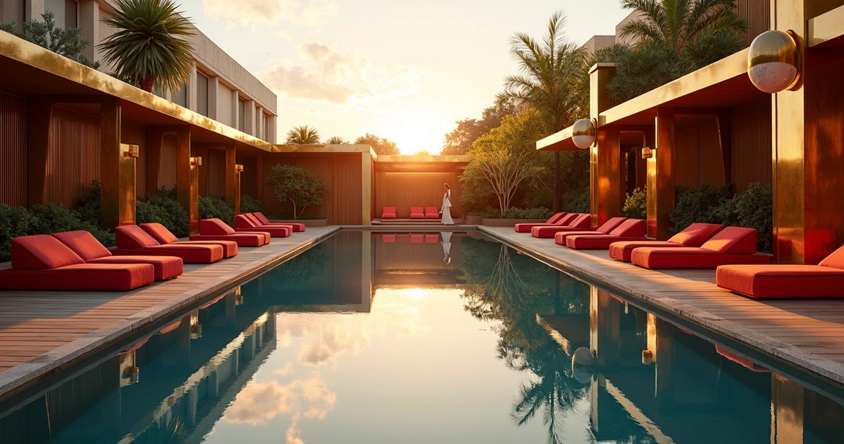 Piscina luxuosa do Hotel Faena com cadeiras de descanso vermelhas e arquitetura dourada ao fundo 