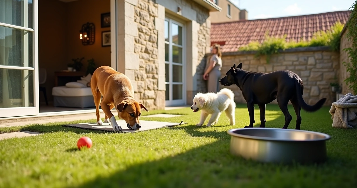 Vários cães a brincar num quintal seguro de hospedagem familiar no Porto 