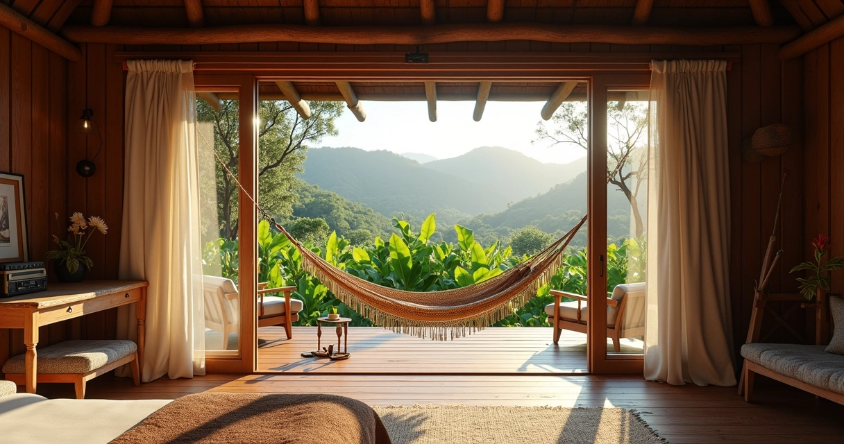 Quarto de hotel fazenda com vista para plantação de cacau
