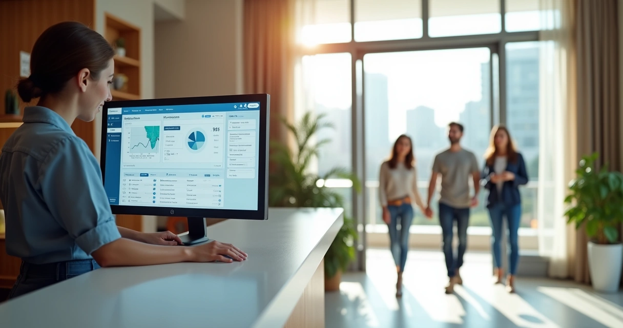 Tela de sistema digital mostrando reservas e hóspedes em hotel