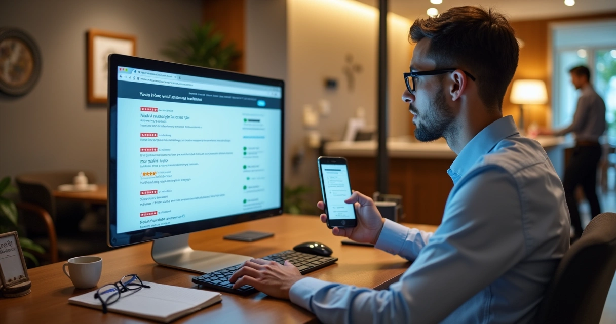 Gestor de hotel respondendo reclamações online no computador e no celular 