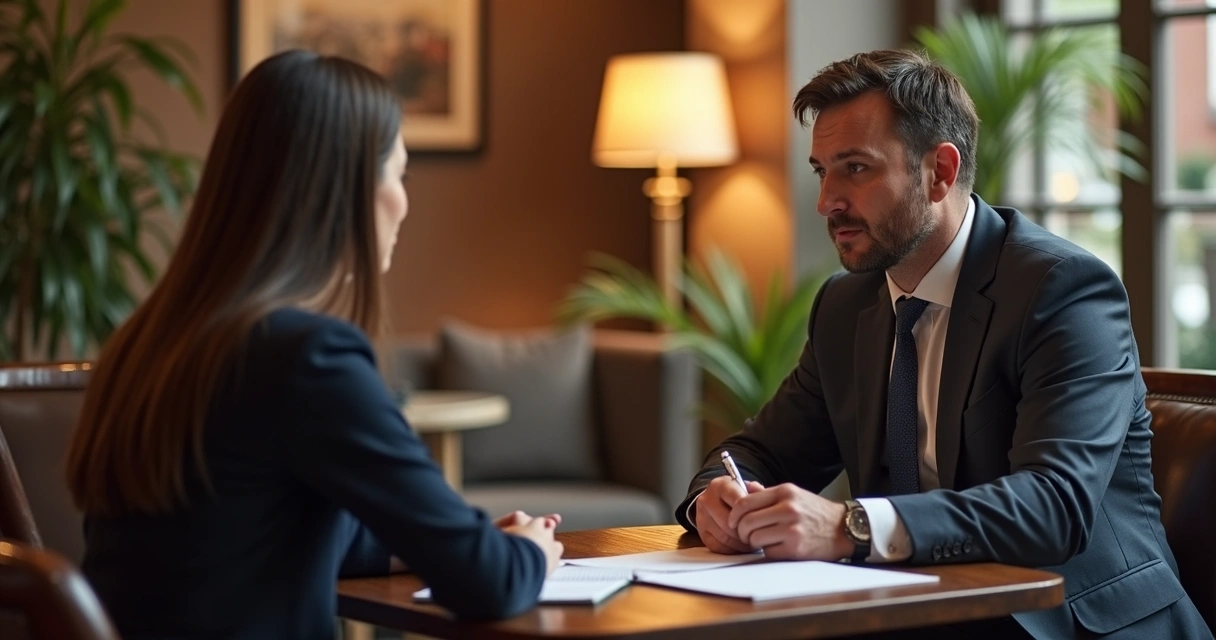 Gerente de hotel conversando respeitosamente com hóspede durante uma reclamação