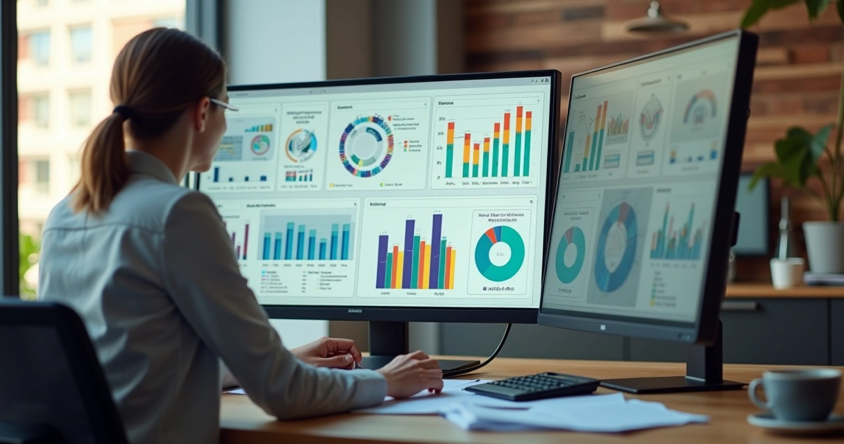 Gestor de hotel analisando gráficos de custos na tela do computador 