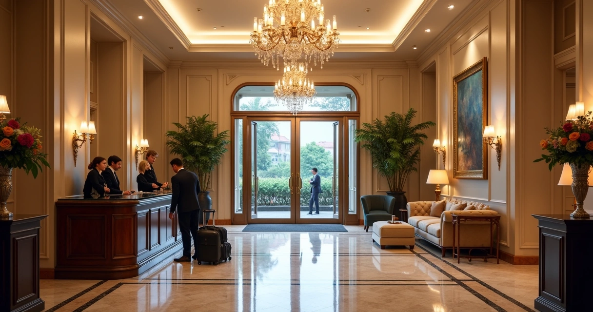 Entrada de hotel de luxo com recepção elegante 
