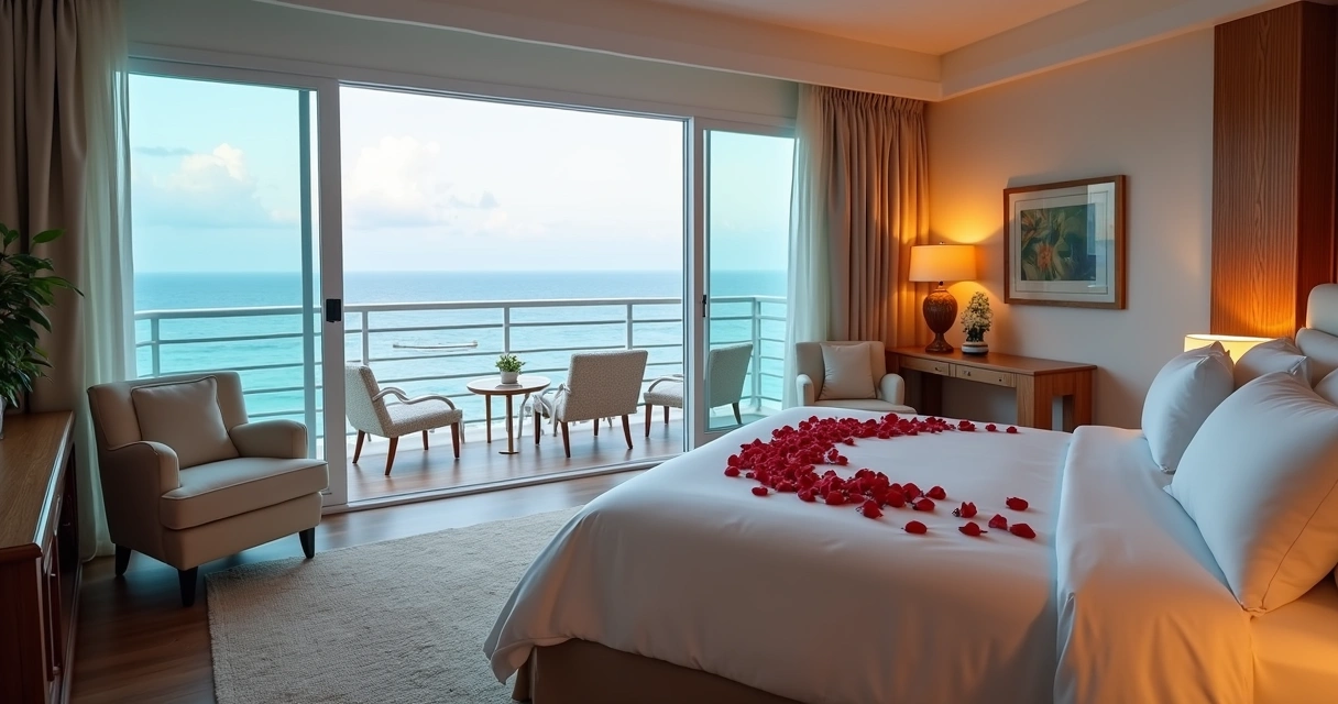 Suíte de luxo decorada para lua de mel com vista panorâmica para o mar 