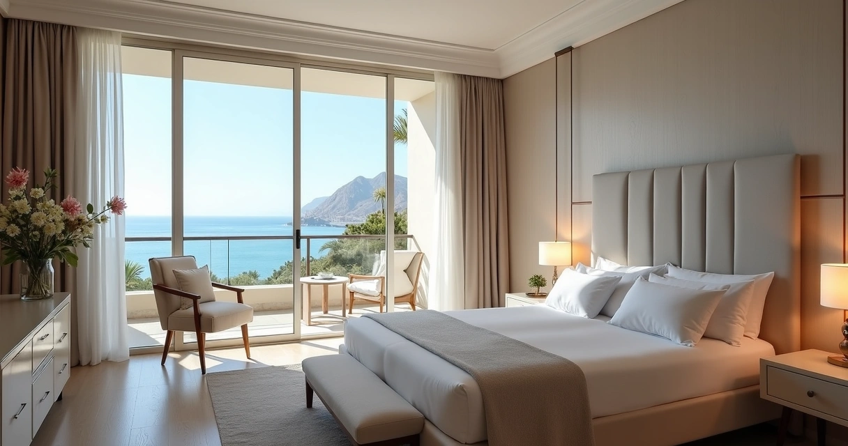 Quarto de hotel sofisticado com vista para o mar em Marbella 