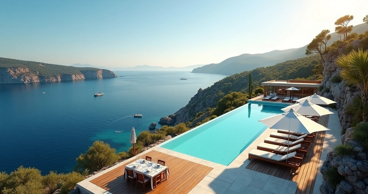 Hotel de luxo à beira-mar na Sardenha com piscina infinita e vista para o mar azul 
