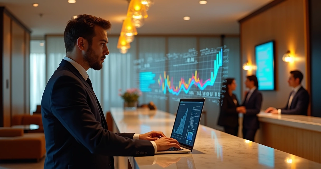Recepcionista de hotel revisando dados de reservas em um notebook, com gráficos digitais ao fundo 