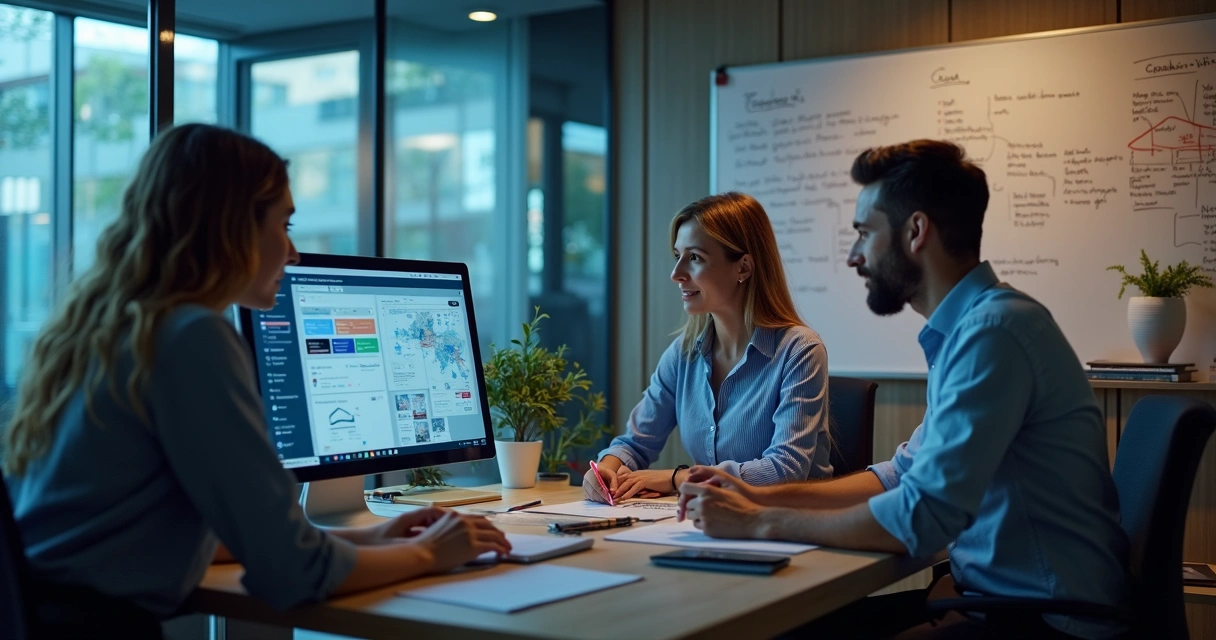 Equipe de hotel analisando campanhas de marketing digital integradas 