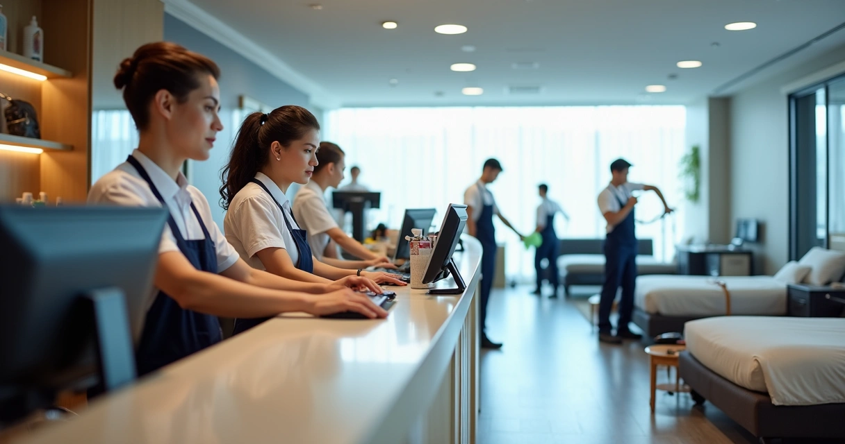 Funcionários de hotel seguindo procedimentos operacionais padrão durante atendimento e limpeza de quartos 