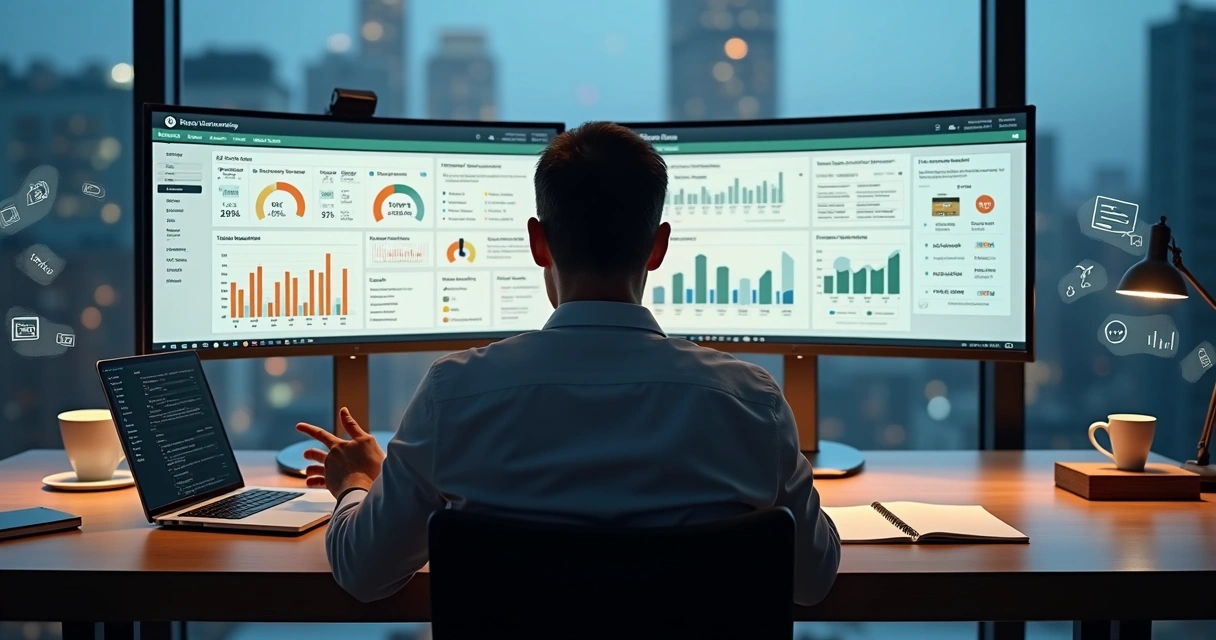 Gestor de hotel analisando telas com dados de OTAs e reservas diretas lado a lado 