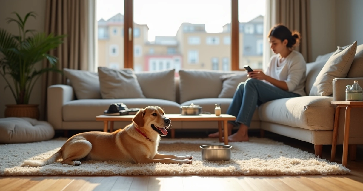 Cão relaxado em casa acolhedora de pet boarding no Porto com cuidadora 