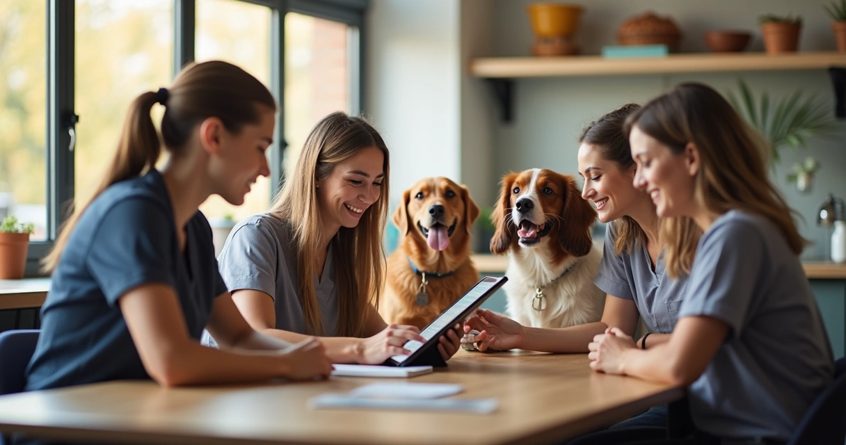 Equipe de hotel para pets usando tablet com sistema digital em ambiente moderno com cães felizes