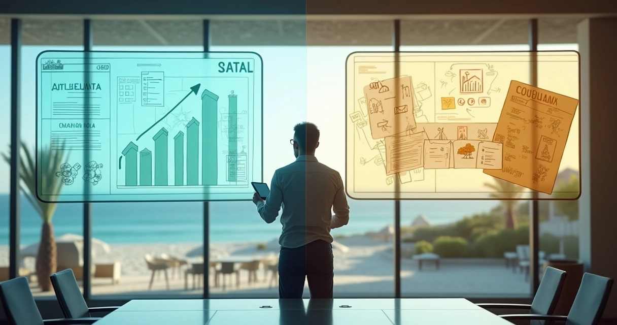 Gestor de hotel avaliando gráfico dividido entre plataforma digital e consultoria presencial 
