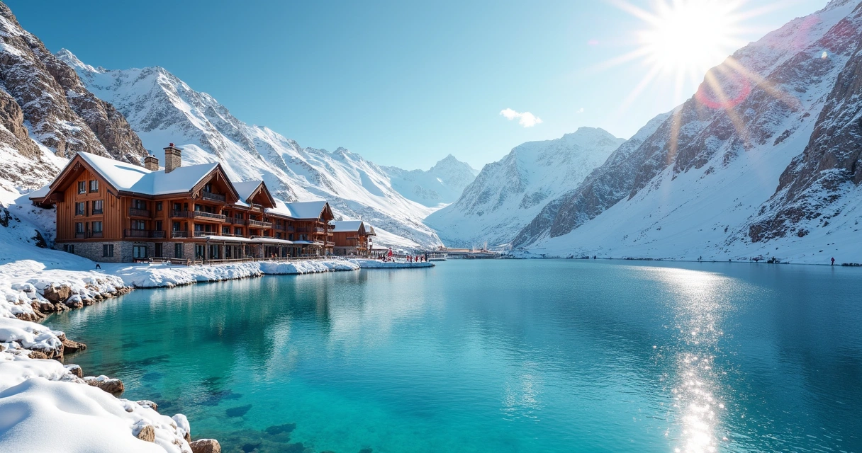 Hotel Portillo à beira da Laguna del Inca com montanhas nevadas e céu azul 