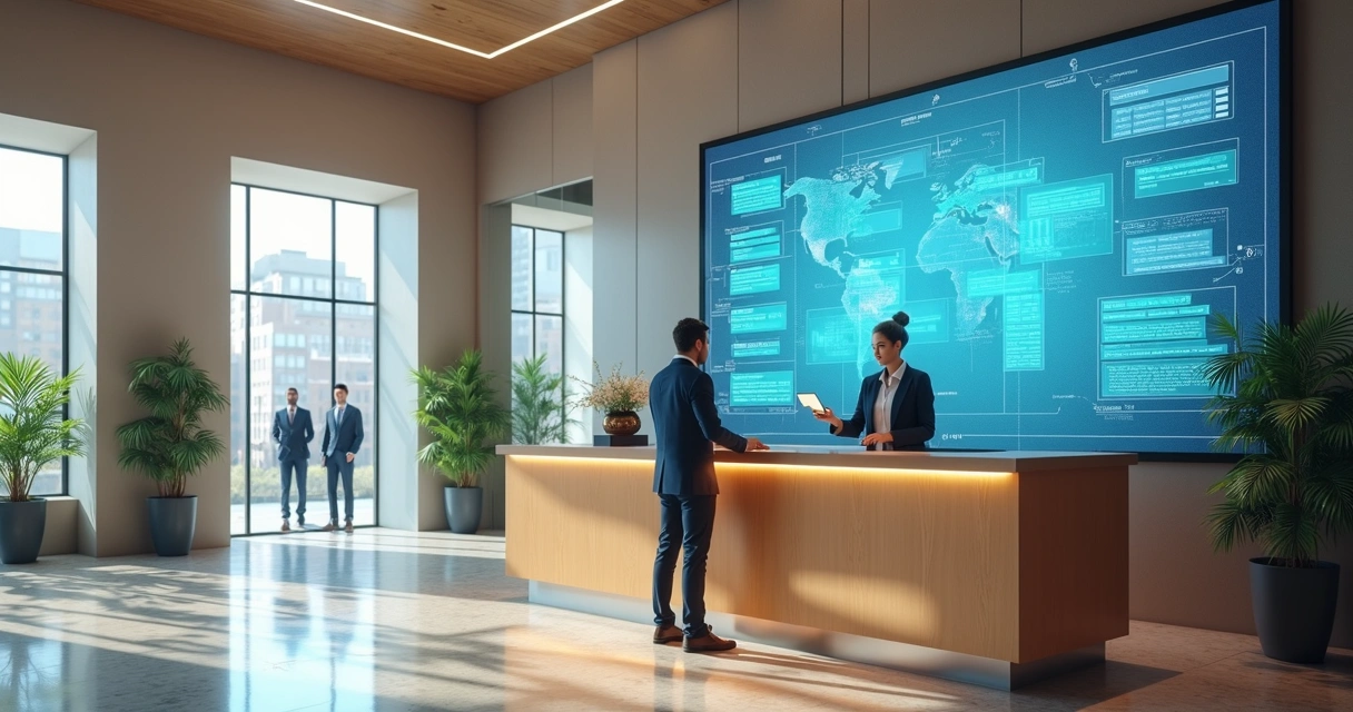 Recepcionista de hotel atende hóspede presencialmente com tela digital ao fundo mostrando chat online 