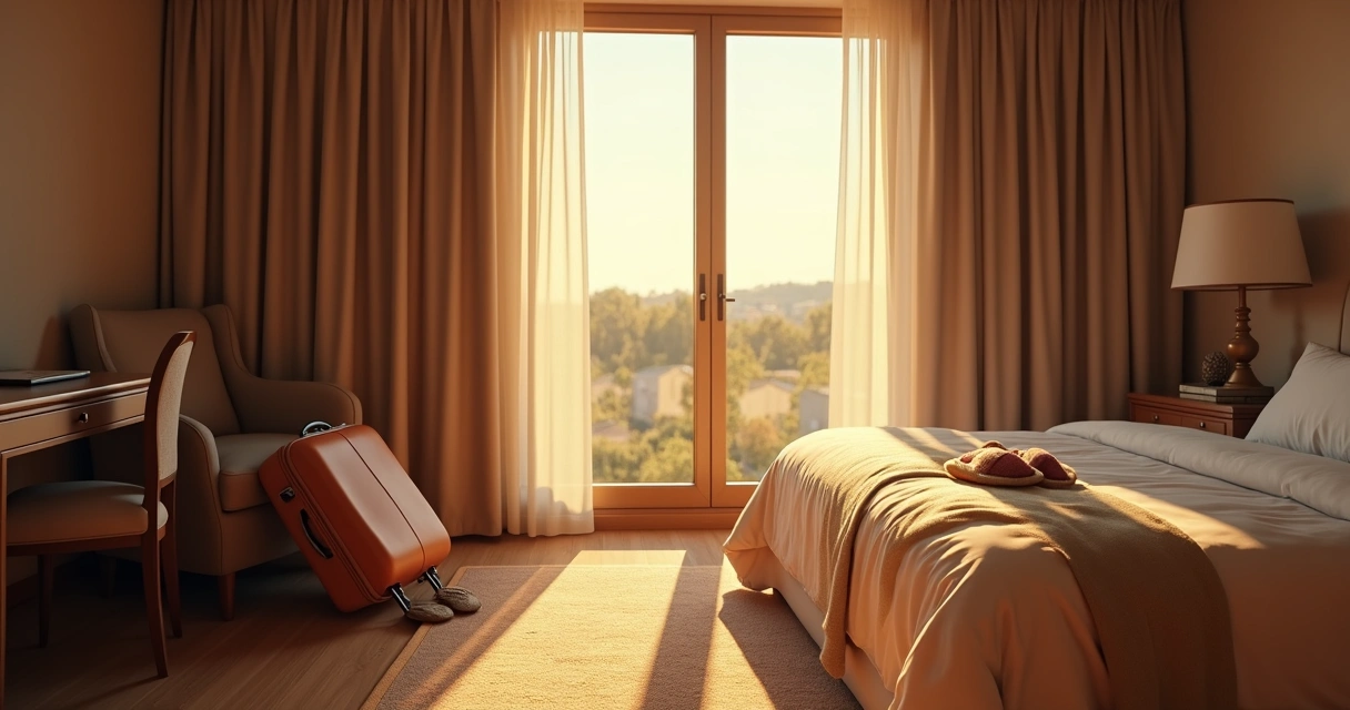 Quarto de hotel iluminado pela tarde com mala pronta perto da porta. 