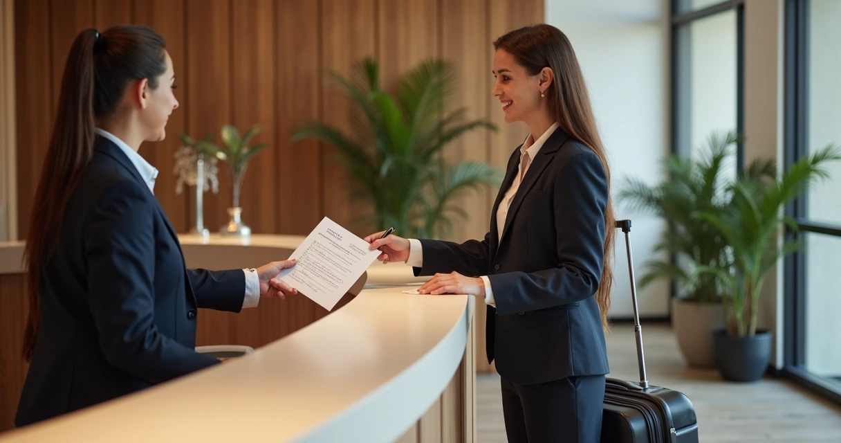 Recepcionista entrega questionário NPS para hóspede no balcão 