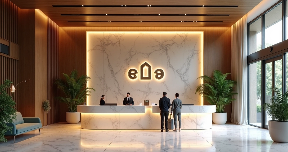 Lobby de hotel moderno com nova marca exposta na recepção 