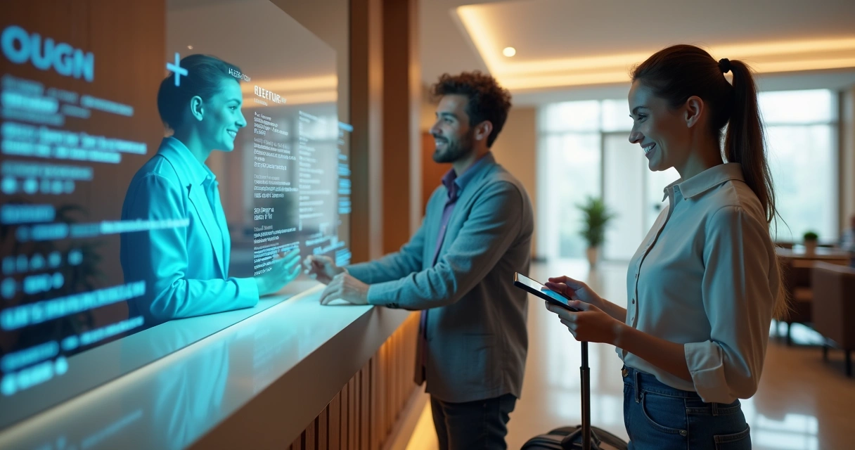 Recepcionista virtual em balcão de hotel atendendo hóspede com tela digital ao fundo