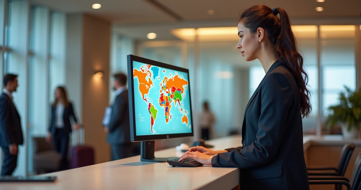 Atendente de recepção de hotel usando sistema com mapa de ocupação na tela 