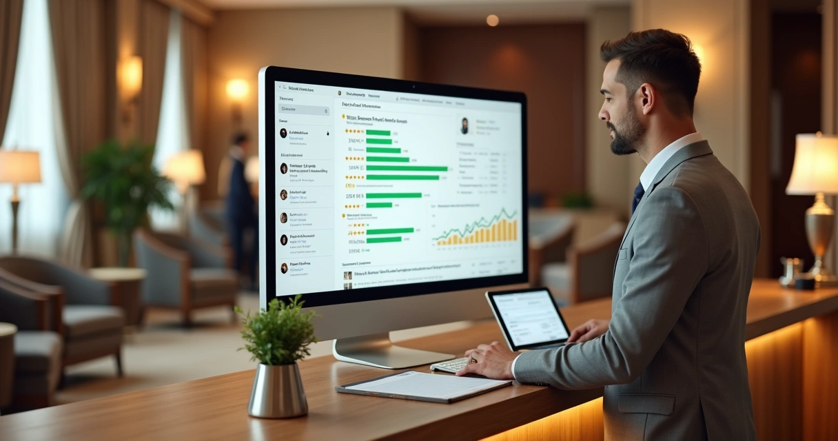 Gerente de hotel analisando avaliações positivas em tela de computador na recepção 