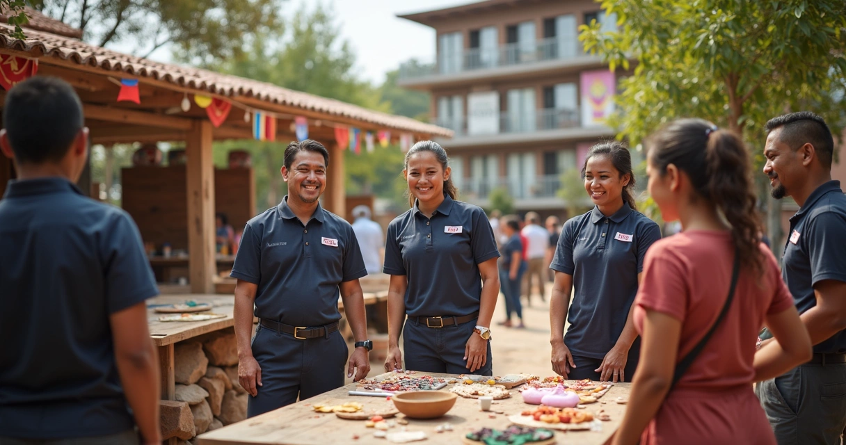 Equipe de hotel conversando com moradores locais em área externa 