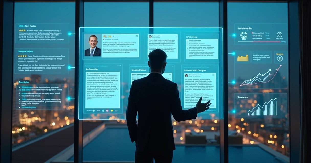 Gestor de hotel em sala de reuniões interagindo com parede digital sobre reputação online 