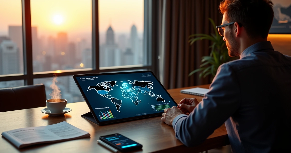 Vista superior de mesa com gerente de hotel analisando mapa digital de reservas diretas 