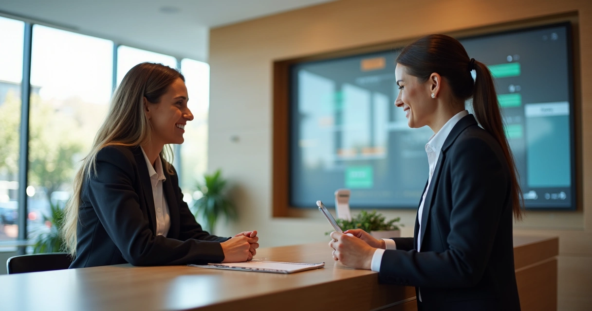 Recepcionista de hotel atendendo hóspede durante reserva direta no balcão 
