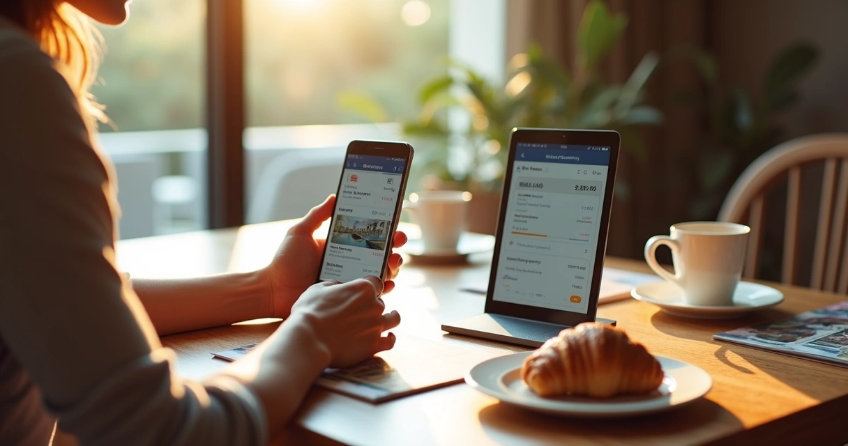 Hospede reservando hotel pelo celular, tela mostrando site direto e OTA lado a lado