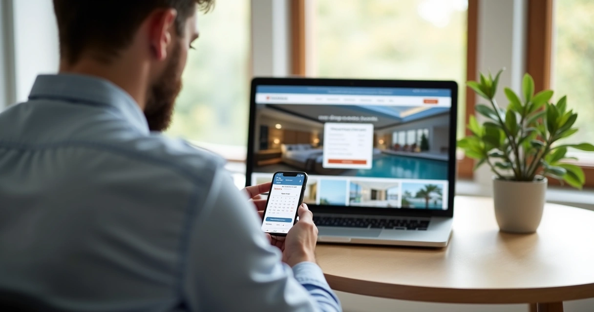 Homem usando smartphone para reservar hotel em site moderno 
