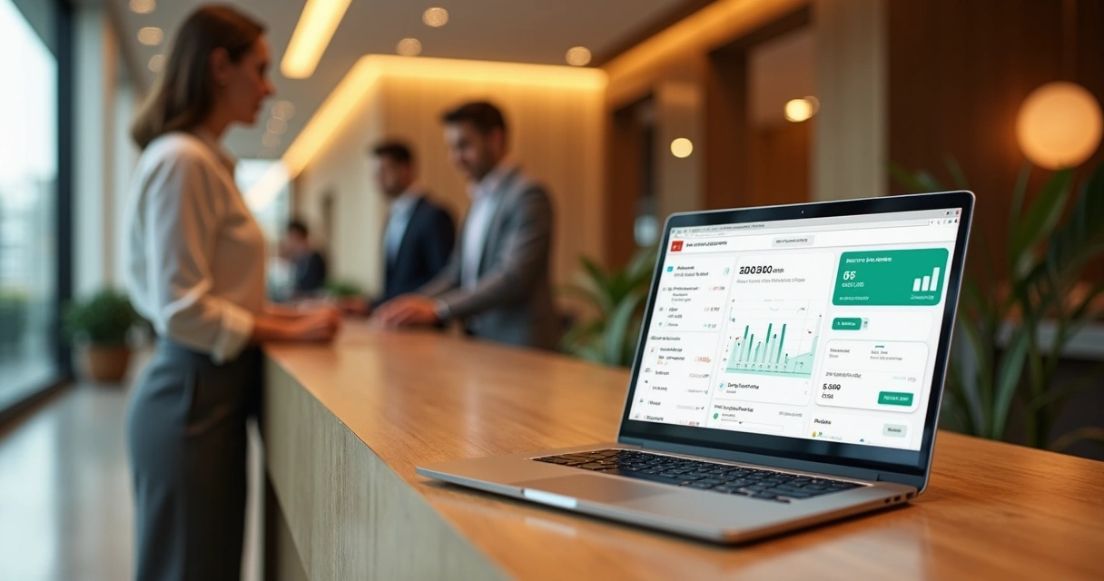 Recepcionista de hotel observando no notebook o site integrado ao motor de reservas com calendário e taxas de conversão 