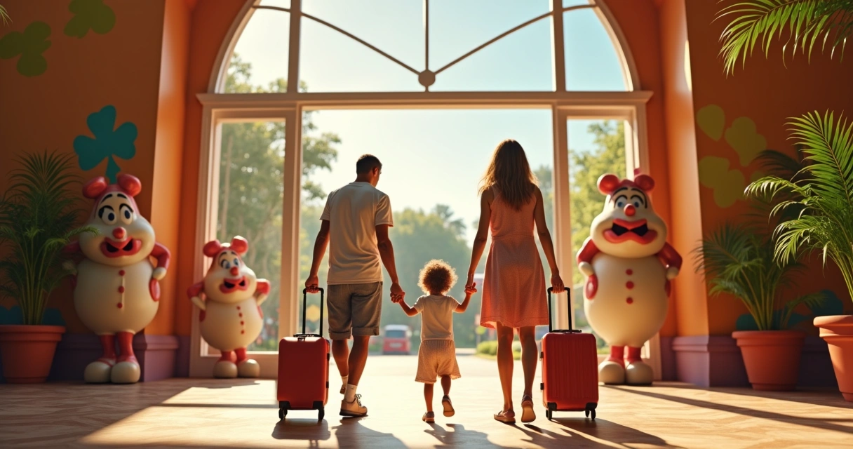 Família entrando em hotel temático com decoração colorida e personagens gigantes