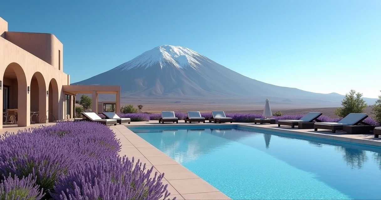 Piscina do Tierra Atacama com vista para o vulcão Licancabur, flores e céu azul