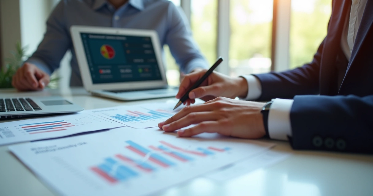 Mesa com gestor analisando gráficos de vendas do hotel nos canais próprio e OTAs 