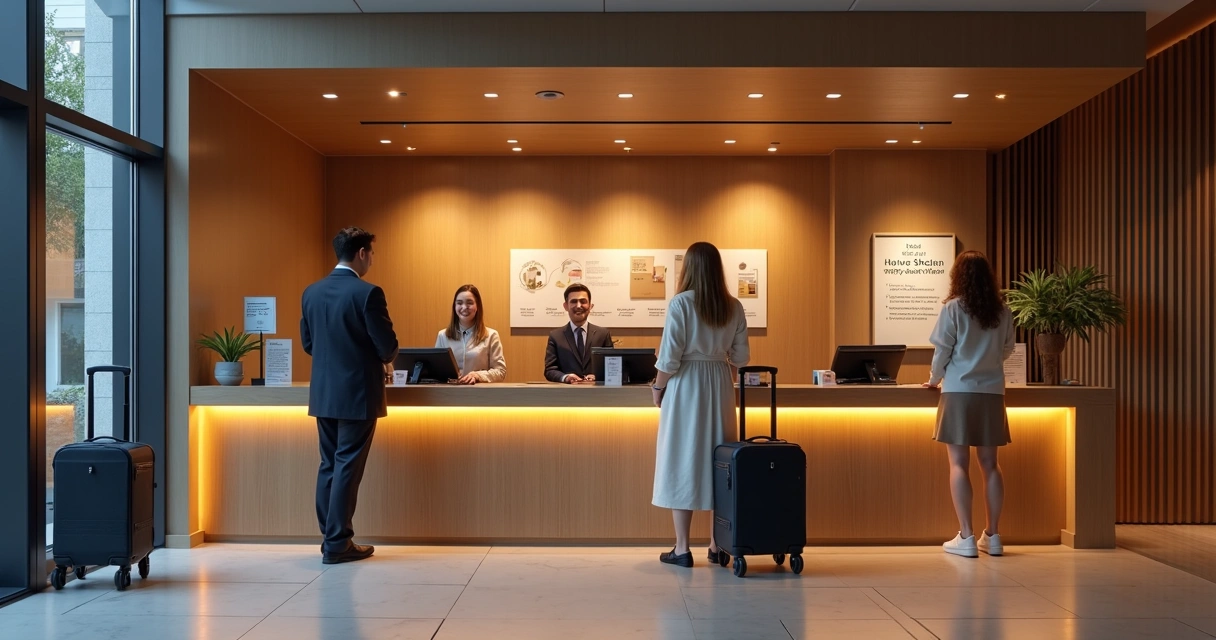 Recepção de hotel com clientes chegando e funcionários atendendo no balcão 